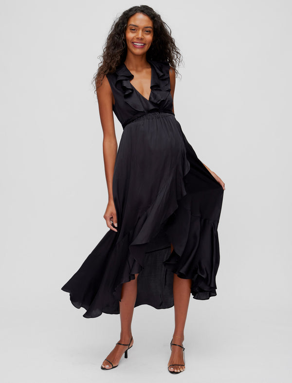 Black wrap over high-low maternity dress with short sleeves