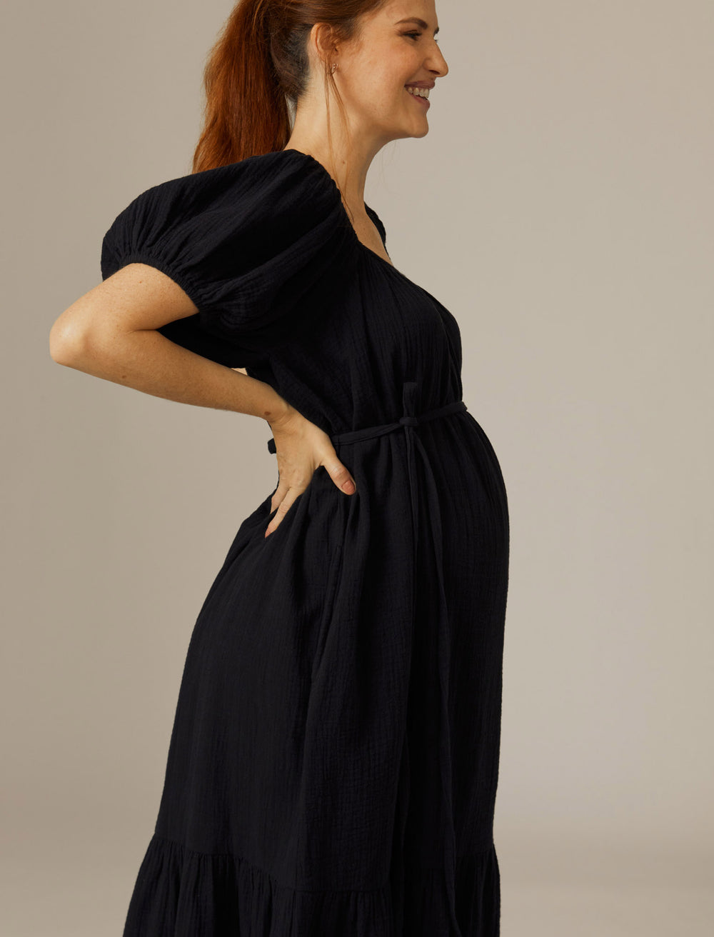 Black Solid Puff Sleeve Georgette Maternity Fit & Flare Maxi Dress